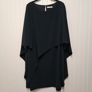 Halston Capelet Sleeve Dress Womens 14 Navy Blue Chiffon Asymetric Drape Wedding